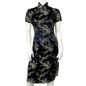 VINTAGE WHITBY Black Silk Satin Metallic Gold Cherry Blossom Slit Mini Dress
